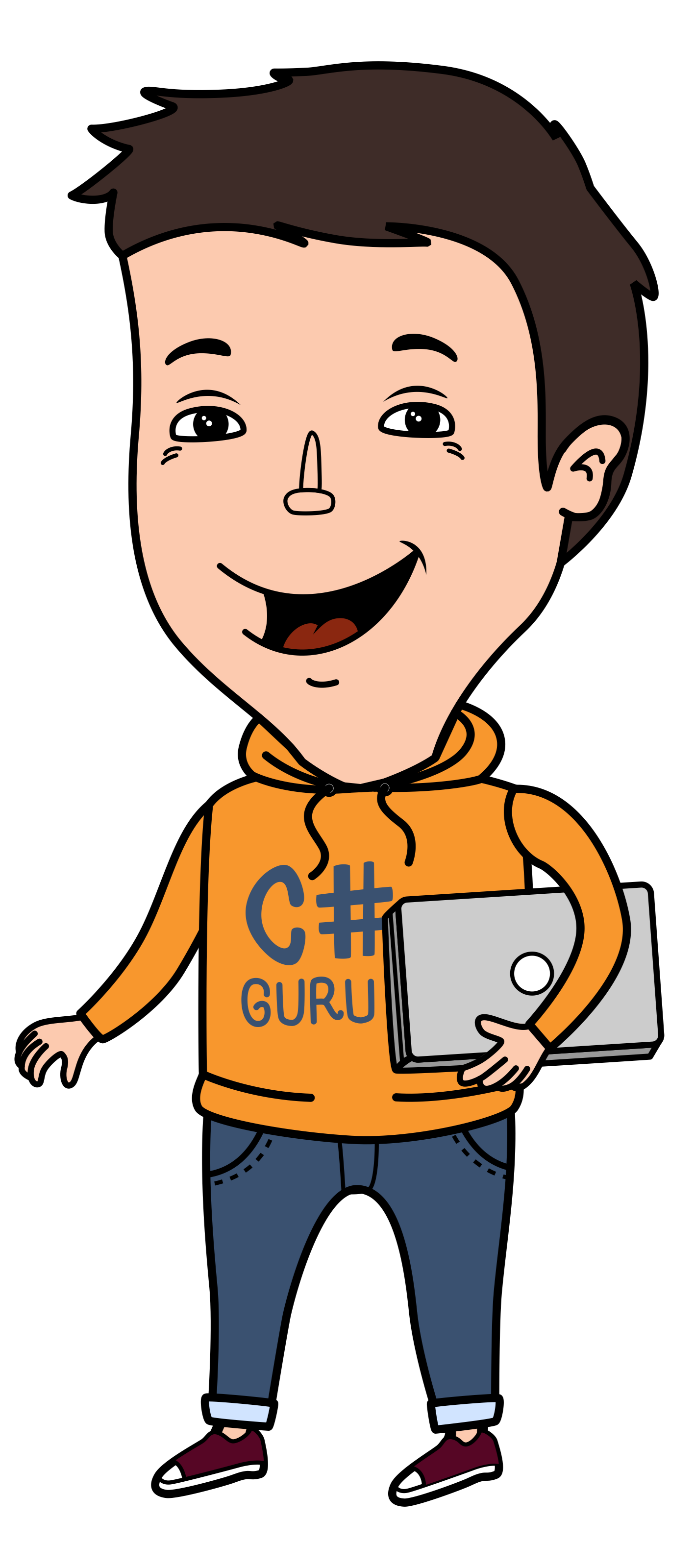 Cartoon of man with orange jumper and C# Guru written in it, holding a laptop