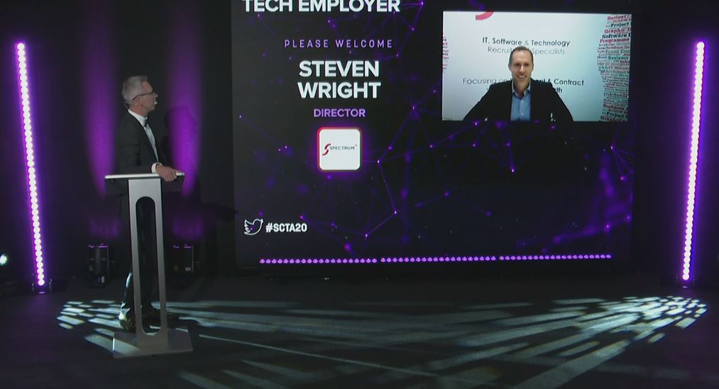 Steve Wright on video call with Spencer Kelly, presenting the Tech Employer of the Year award