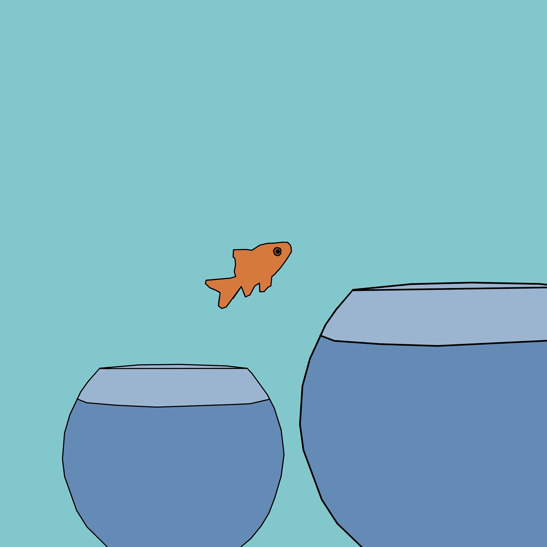 Small goldfish jumping from a small bowl into a bigger bowl
