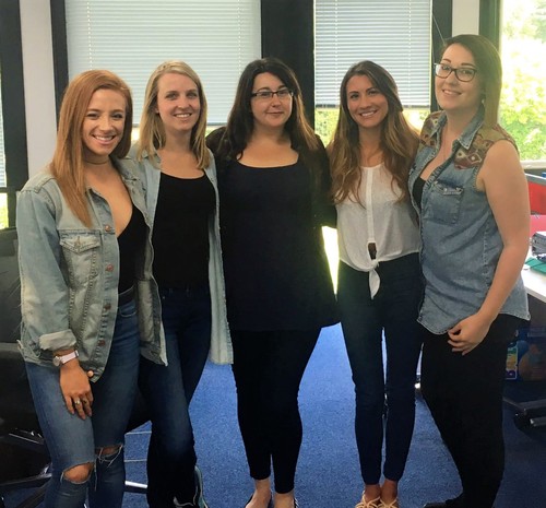 Jasmine, Lucy, Gemma, Amy, and Lauren all wearing denim for Genes for Jeans day