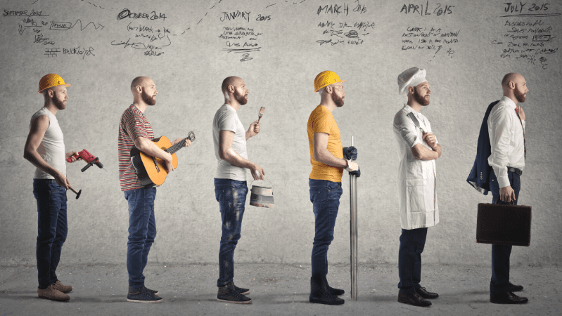 Man dressed in different outfits to show different jobs