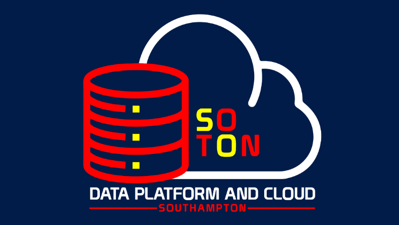 Blue, white, yellow and red Southampton Data Platform and Cloud logo