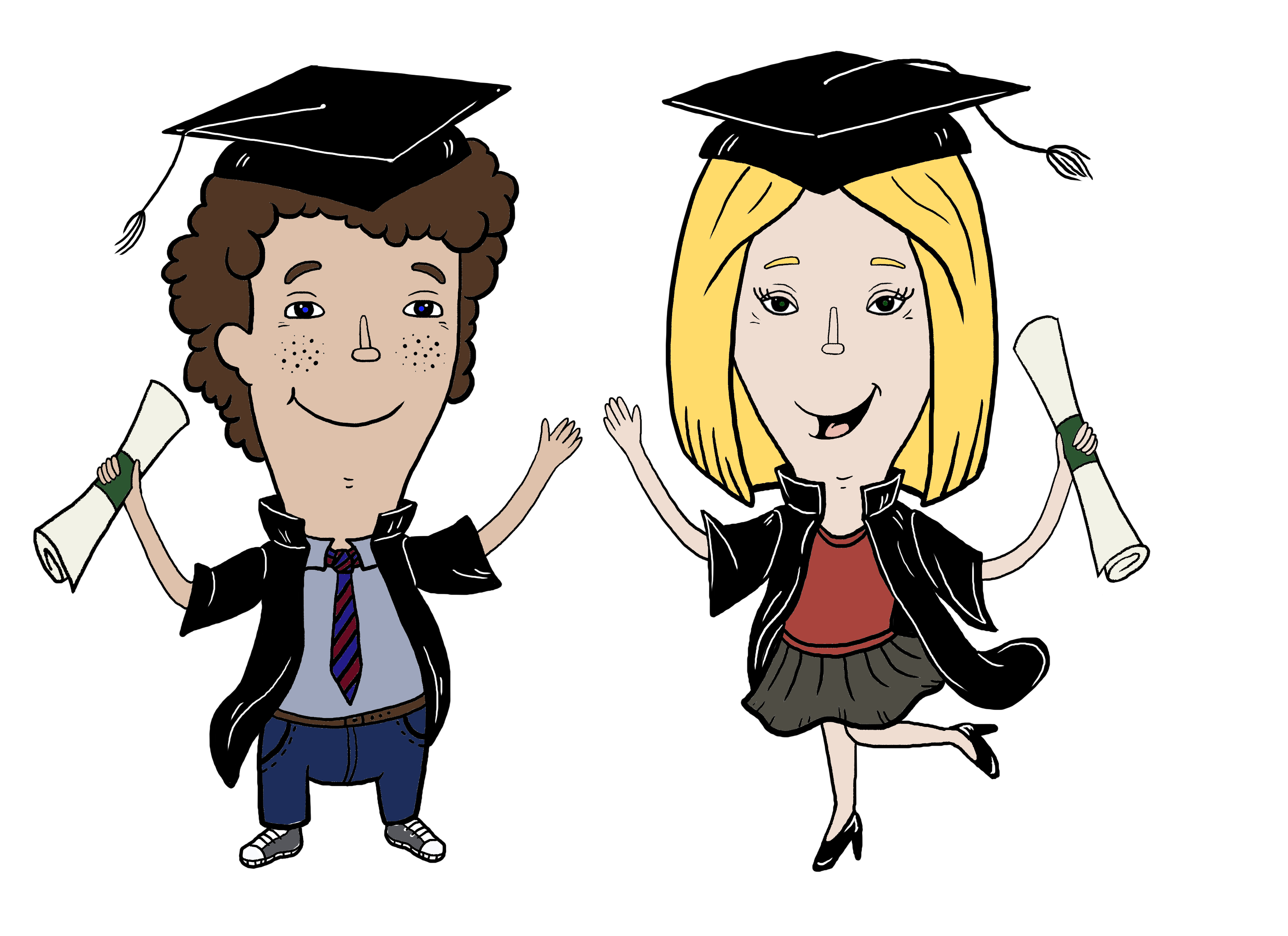 Coloured character illustrations of one female and one male graduate